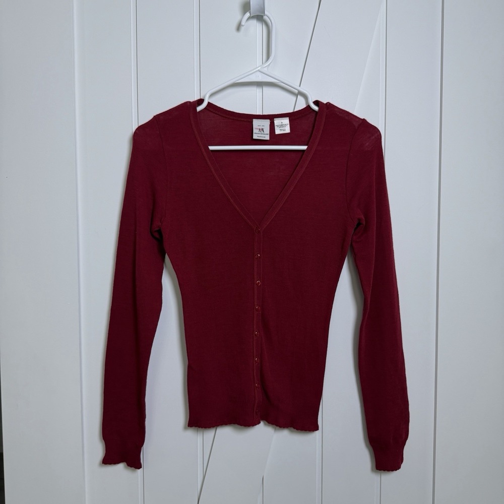 Armani Exchange fitted V-neck cardigan Burgundy/red Size Small Merino Wool Blend